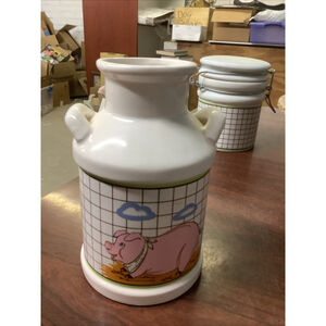 Vintage Ceramic Pig Milk Canister-Container-Jug-Utensil Holder-Farm Scene-Farm